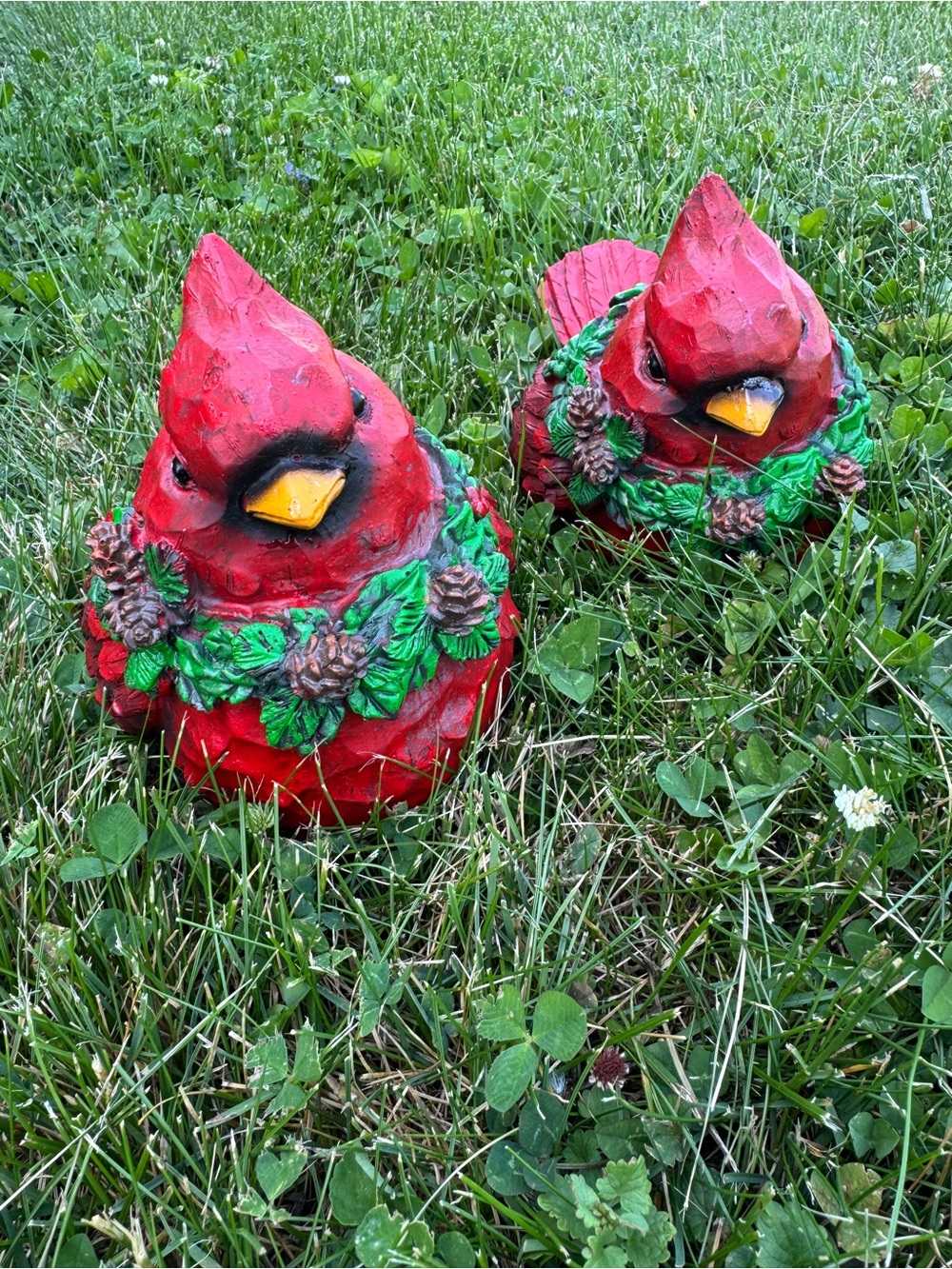 Bright Red Cardinal Garden Statues with Holly and Pinecone Wreaths (Pair)